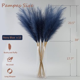 Acfruits 12 Pcs Navy Blue Faux Pampas Grass Decor 38"/3.1FT Tall Fake Pompas Floral Large Artificial Pompous Grass Branches Plants for Floor Vase Filler Home Boho Decoration
