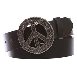 1 1/2" Snap On Belt With Round Perforated Floral Engraving Peace Sign Belt Buckle, Black | l - 35"~37"