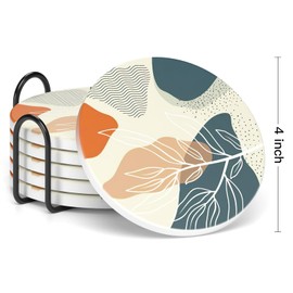 Nipichsha Coasters for Drinks, Set of 6 Cute Absorbent Ceramic Drink Coasters for Cup with Holder and Cork Base, Kitchen Home Decor Housewarming Gift, Round 4 in, White Gray