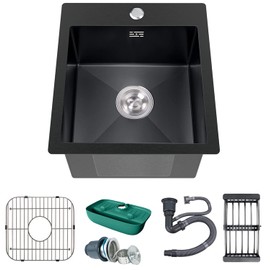 Black Kitchen Sink, Stainless Steel Topmount Bar Sink 15x17x9 Inch Single Bowl Drop In Kitchen Sink Combo-Stainless Steel Sink Grid,Drain Basket,Faucet Mat,Drain Strainer Set for Modern Kitchen Sink