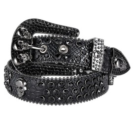 Skull Rhinestone Belts for Men Women Bling Studded Belt With Metal Buckle Western Cowboy Punk Belt For Jeans Pants Jacket (Black-02, Fit Waist:38-42inches（49.2" Length）)
