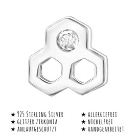 Monkimau Girls' Honeycomb Bee Stud Earrings 925 Sterling Silver with 2 Crystals, Sterling Silver