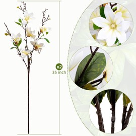 OBDXZHC 2 PCS 35inch Artificial Magnolia Flowers 3D Real Touch 12 Heads Faux Magnolia Flowers Realistic Long Stem with Green Leaves for Home Wedding Table Office Floral Arrangement Decoration (White)