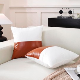 TAOSON Pack of 2 Velvet Decorative Throw Pillow Covers White Patchwork with Brown Leather Pillow Covers 18 × 18 Inch Cushion Covers Decor Living Room Sofa Bedroom Car Only Cover No Insert