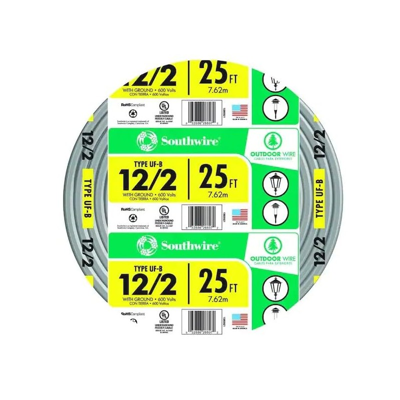 Southwire 13055921 25 ft. 12/2 Gray Solid CU UF-B W/G