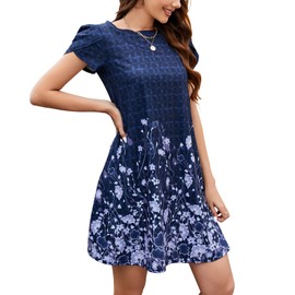 Summer T Shirt Dresses for Women 2024 Vacation Boho Summer Dress with Pockets(Deep Blue Floral,Medium)