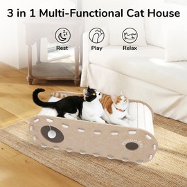 FUKUMARU Cat Beds for Indoor Pets, 31.5 Inches Extra-Large Cat Cave for Multi-Pet, Cozy House with Fluffy Ball Hanging, Scratch Resistant Felt Kitten Hideaway Bed, Feline Tunnel, Beige