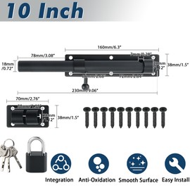 Alise 10 inch Barrel Bolt Latch, Slide Bolt Latch, Heavy Duty Solid SUS304 Stainless Steel Slide Lock for Wooden Fence,Barn Door,Interior or Outdoor Door.Matte Black