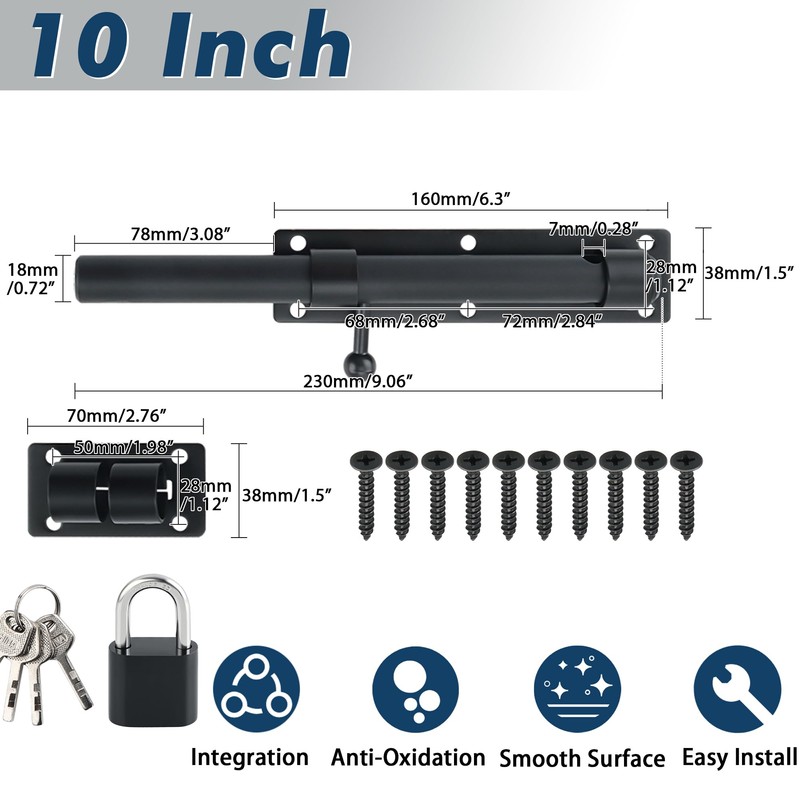 Alise 10 inch Barrel Bolt Latch, Slide Bolt Latch, Heavy