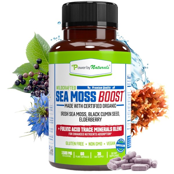 Organic SEA MOSS BOOST Capsules, Irish Sea Moss with BLACK SEED OIL & Elderberry