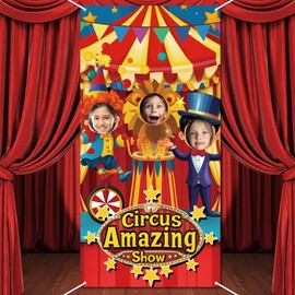 WADORN Circus Photo Door Banner, Circus Clown Large Fabric Photo Door Backdrop Props Decor for Circus Theme Party Decor Funny Clown Face in Hole Photo Backdrop for Birthday Party, 70.8x35.4 Inch