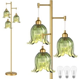 QIYIZM Gold Floor Lamp for Living Room,Bedroom,Tree 3 Light Standing Lamp Mid Century Modern Brass Tall Floor Lamps Vintage Retro Floor Lights Green Glass Flower Lamp Shade Farmhouse Boho Bohemian
