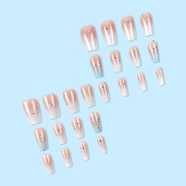 Ombre Press on Nails Short Coffin Fake Nails with Glitter Sequins Design Glue on Nails White Gradient Pink Full Cover Acrylic False Nails Glossy Artificial Stick on Nails for Women Girls 24Pcs