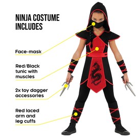 Morph Ninja Costume Girls - Red Ninja Outfit for Kids - Costume for Girl - Fun Dress-Up Costumes 12-14 Years