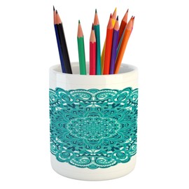 Lunarable Blue Green Pencil Pen Holder, Eastern Psychedelic Ornament with Rich Floral Details Boho Vintage, Ceramic Pencil Pen Holder for Desk Office Accessory, 3.6" X 3.2", Turquoise White