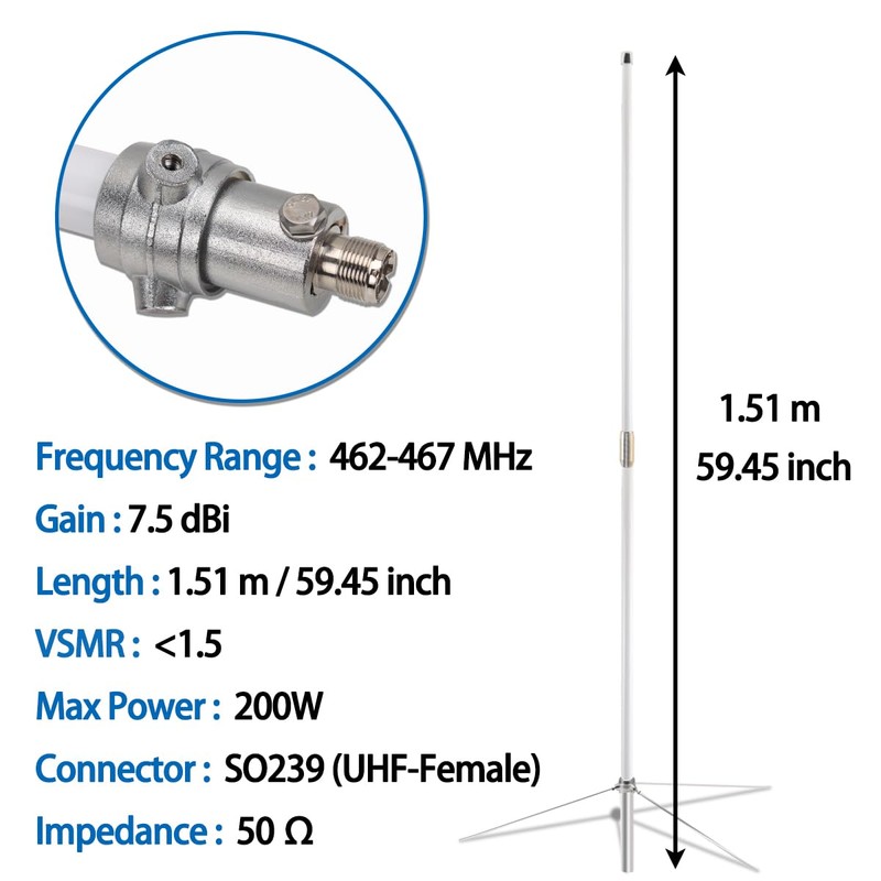 GMRS Base Antenna 462-467MHz,7.2dBi High Gain Fiberglass GMRS UHF-Female SO239