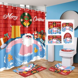 4Pcs Christmas Santa Shower Curtain Sets for Bathroom, Funny Red Santa Claus Christmas Shower Curtain with Non-Slip Rugs Toilet Lid Cover Bath Mat Santa Deer Christmas Winter Holiday Bathroom Decor