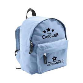 Nursery Backpack with Name | Includes Name Print | Mini Checker Motif | Backpack for Children Boys Girls Light Blue & Cool Saying, lightblue
