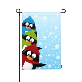 HGOD DESIGNS Winter Penguins Garden Flag Double Sided 12x18 Inch Three Cute Cartoon Animal Wear Red Hat Scarf Snow flak Farmhouse Holiday Outside Decorations Burlap Yard Flag