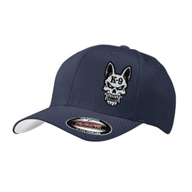 Police K-9 Unit Dog Skull Thin Blue Line 6277/6477 Custom Embroidered Baseball Flex Fitted Hat (L/XL, Dark Navy)