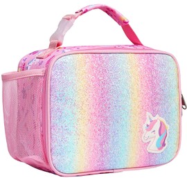 Bagseri Lunch Bag for Girls - Kids Lunch Box for Girls Reusable Leak-Proof and Insulated Kids Lunch Bag Toddler Lunch Box for Daycare and School, Glitter Pink Unicorn (Water Bottle Not Included)
