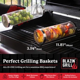 BLAZIN' GRILL Rolling Grill Basket | Rolling Grilling Baskets for Outdoor Grilling 2 Pcs | Barbecue Grill Set with BBQ Gloves | Portable Camping Net Rack Perfect for Vegetables, Seafood & Meat