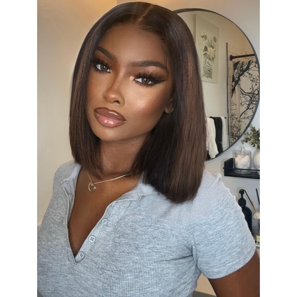 KLAIYI Ombre Brown Yaki Straight Bob Wig Human Hair Bye