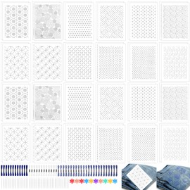154pcs Sashiko Embroidery Pattern Set Stabilizers Water Soluble Embroidery Transfer Stencils Stabilizers Embroidery Paper Stick and Stitch Sashiko Template for Sewing Hand Quilting and Embroidery