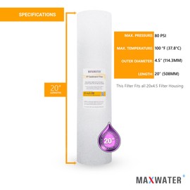 Max Water 10 Micron 20 x 4.5 Sediment Filter 20 inch Whole House BB Water Filteration System Replacement Compatible Cartridge DGD-5005-20, FP25B, AP810-6, FPMB5-20, P5-20, 155358-43, SDC-45-2005