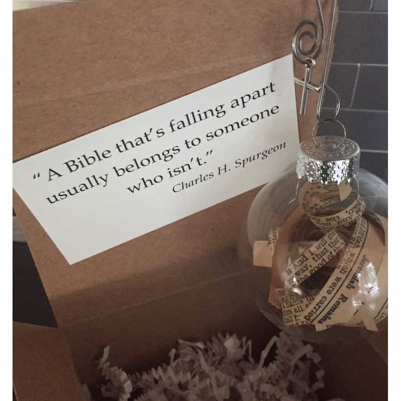 Rescued Antique Bible Pages Glass Globe Hanging Ornament Cross and