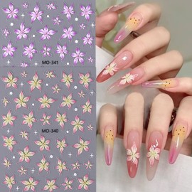 Flower Nail Stickers 3D Nail Art Stickers Self-Adhesive Summer Pink Purple Green Floral Nails Designs Flowers Nail Decals Salon Manicure Decoration Nails Supplies for Women Girls 6 Sheets