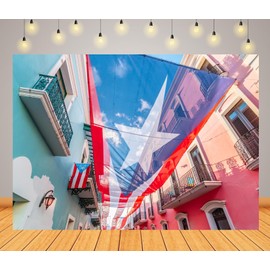 BELECO 7x5ft Fabric Puerto Rico Backdrop National Flag Above The San Juan Street Background Puerto Rico Party Decorations Patriotic Banner Photoshoot Booth Studio Props