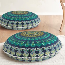 Codi Meditation Floor Pillow Set of 2, Round Large Pillows Seating for Adults, Bohemian Mandala Circle Cushions for Outdoor Fireplace Yoga Living Room, 32 Inch, Memory Foam Added, Green