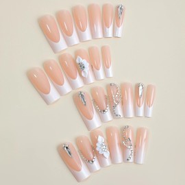 MISUD Long Square Press on Nails Squoval Fake Nails Glossy Glue on Nails White French Tip Acrylic Nails 3D Flower Artificial Nails Buterfly Rhinestone Stick on False Nails with Design 24 pcs