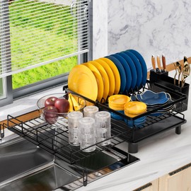 YEYPOP Expandable Dish Drying Rack - Stainless Steel Dish Rack for Kitchen Counter, Space Saving Dish Drainer w Utensil Holder, Drainboard(A-Black)