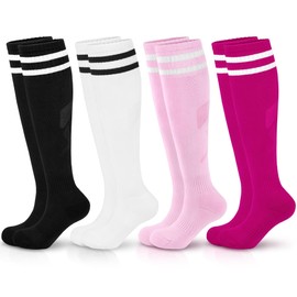 Hryrbay 4 Pairs Kids Cotton Soccer Socks Cushion Striped Baseball Uniform Boys Sock Toddler Girls Knee High Socks (Black, White, Rose Red, Pink,6-9 Years)