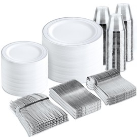 bUCLA 600pcs Silver Plastic Dinnerware Set for 100 Guests - Silver Christmas Dinnerware Set Disposable for Party - Include 100 Dinner Plates,100 Dessert Plates,100Cups,100 Knives,100 Forks,100 Spoons
