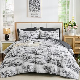 WONGS BEDDING Black Comforter Set King,7 Pieces Bed in a Bag Botanical Comforters with Sheets, Soft Microfiber French Toile Complete Bedding Sets for All Season