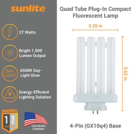 Sunlite FML27/65K Quad Tube Plug-in Compact Fluorescent Lamp, FML 4-Pin, 27 Watts, 1500 Lumens, 6500K Daylight, 4-Pin (GX10q4) Base, 120 Volts, 1 Pack