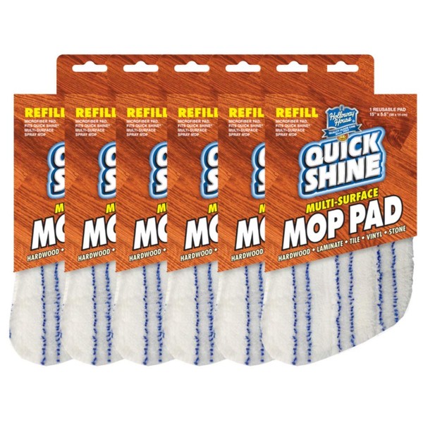 Quick Shine Spray Mop Refill Pad 6Pk 15"W x 5.5"D | Washable & Reusable | Dual Action Scrubbing Strips for Thorough Cleaning | Highly Absorbent Microfiber | Use w/Quick Shine Multi-Surface Spray Mop