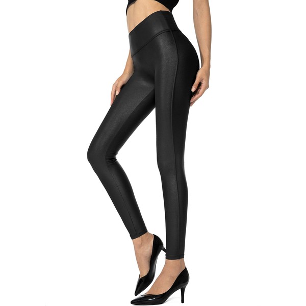 SANTINY Women's Faux Leather Leggings Pants Stretch High Waisted Tights for Women(Black_M)