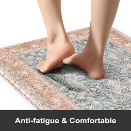 KIMODE Anti Fatigue Kitchen Mat,Farmhouse Kitchen Rugs sets of 2,Non Slip Waterproof Vintage Kitchen Floor Mats,Cushioned Comfort Standing Mat for Sink,Desk,Laundry,Office,Orange/Blue