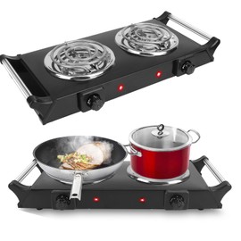 Electric Hot Plate, 2000W Countertop Double Burner with Adjustable Temperature & Handles, Stainless Steel Coil Electric Stove for Cooking Cooktop for Home Kitchen Dorm RV Camp, Black