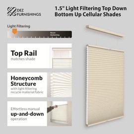DEZ FURNISHINGS Cordless 1.5" Light Filtering Top Down Bottom Up Cellular Shade, 29" W x 60" H, Ivory