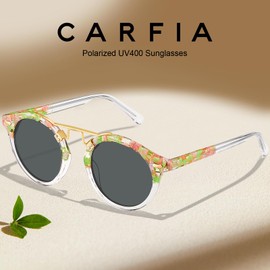 CARFIA Double Bridge Small Acetate Sunglasses for Women Polarized, Retro Metal Brow Ladies Sunnies Fashion Round Eyewears