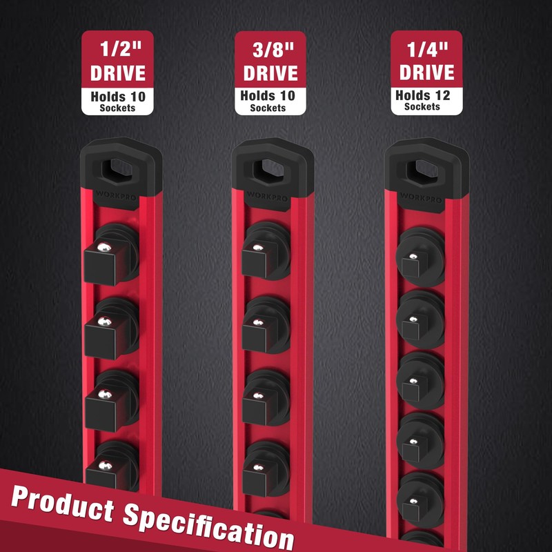 WORKPRO Magnetic Socket Organizer Set, 3-Piece Aluminum Alloy Socket Rail,