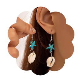 Dervivea Boho Cowrie Shell Dangle Earrings Blue Starfish Drop Earrings Silver Cowrie Shell Earrings Turquoise Starfish Earrings Jewelry for Women and Girls