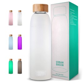 Glass Water Bottle with Protective Silicone Sleeve and Bamboo Lid by Urban green, 18oz, 1extra 304 Stainless Steel Lid with Handle, BPA Free, Dishwasher Safe, Gift Box