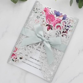 25Pcs Silver Glitter Wedding Invitations, Party Invitations Kits Envelopes RSVP Cards Silver Ribbon Laser Cut Invitation, Envelope for Wedding Baby Shower Birthday Invitation