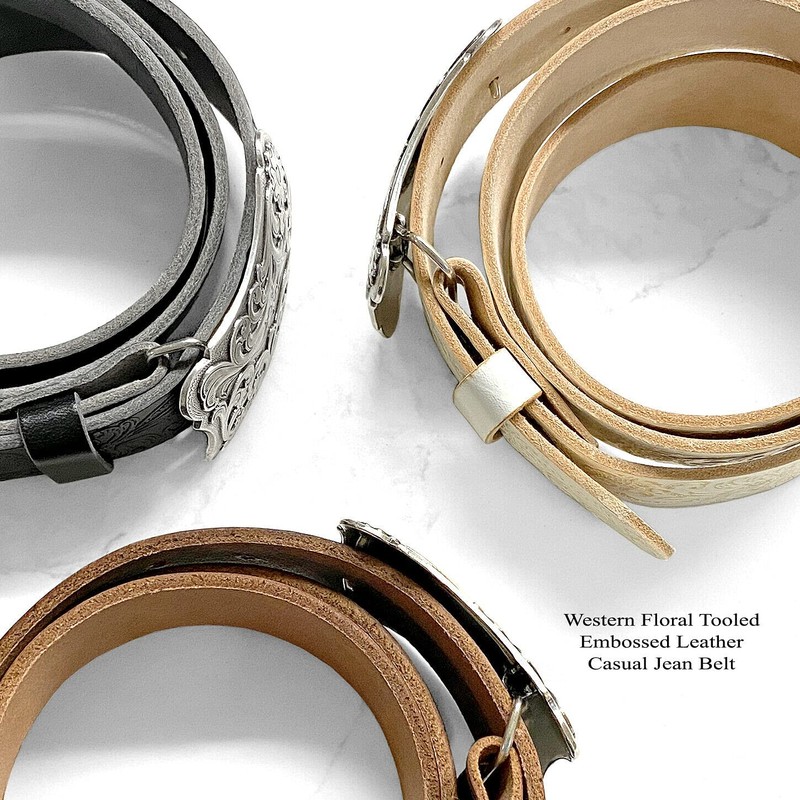 Men's Western Tooled Full Grain Leather Jean Belt Black 1.5"